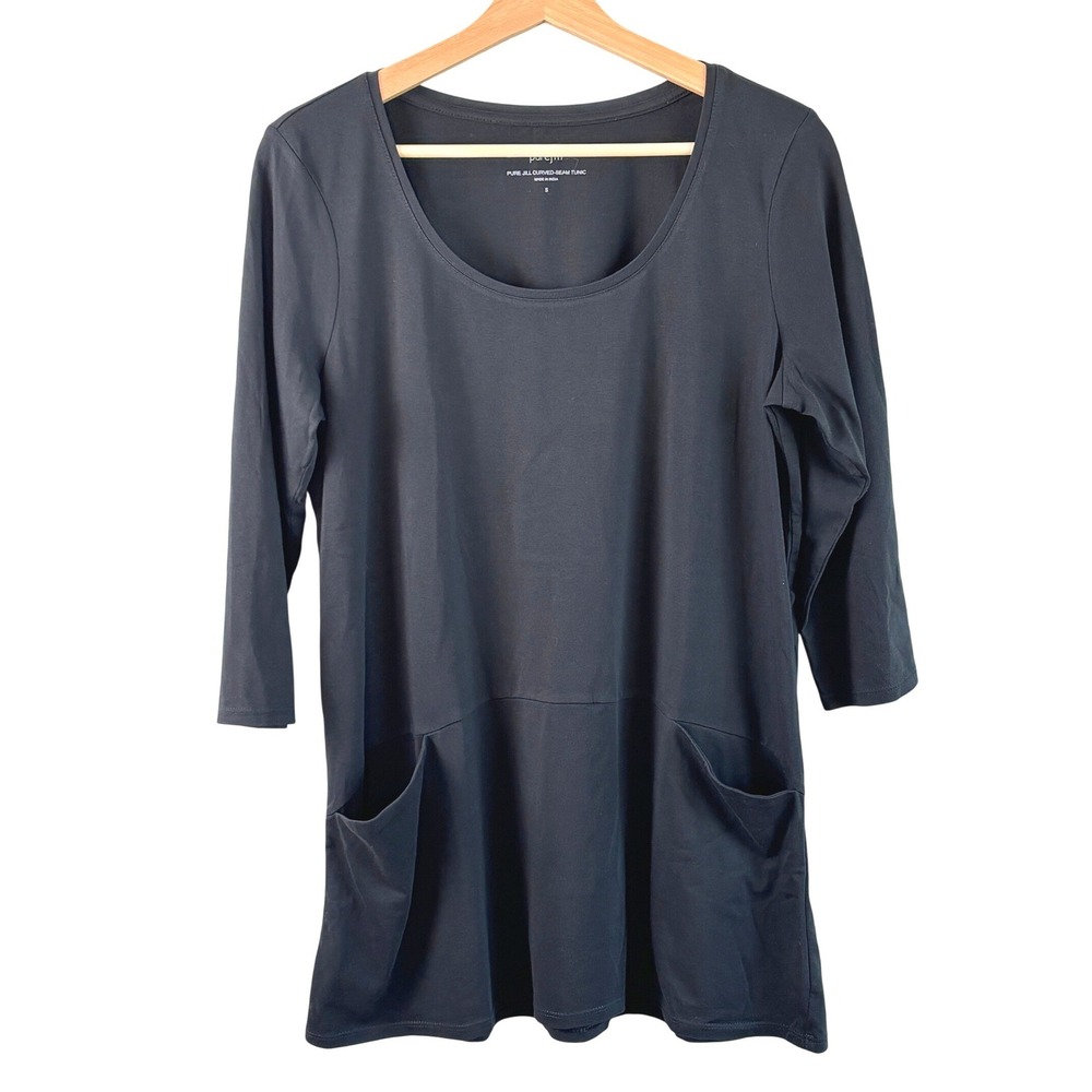 Pure Jill Curved-Seam Tunic Black Women Size S Pima Cotton 3/4 Sleeve Pockets